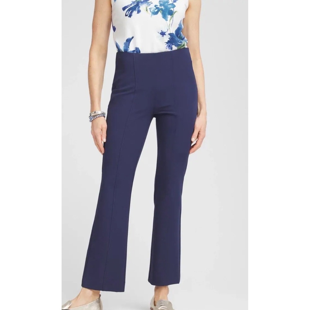 Chicos Navy Blue Slimming Pull On Pintuck Flare Leg Pants Size 1 US 8 NEW